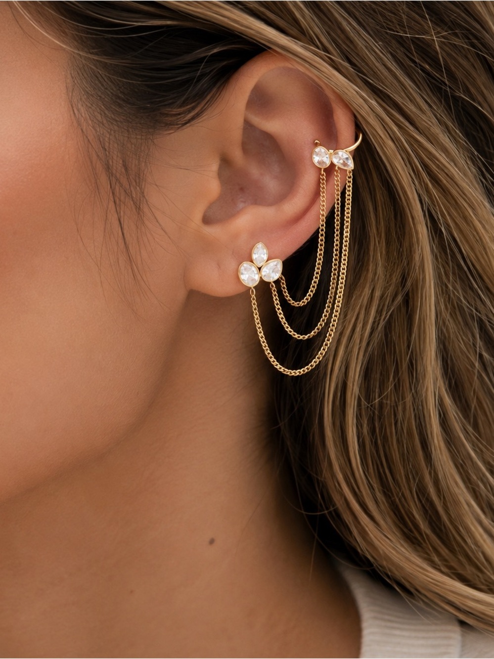 18K Gold Plated Cubic Zirconia Draped Chain Ear Cuff – Single Piece